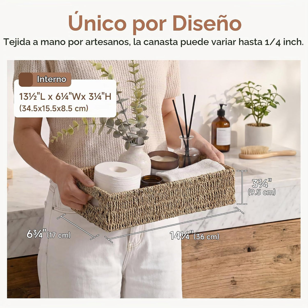 StorageWorks - Canastas de hierbas marinas con asas integradas, caja decorativa para baño, para la parte superior del tanque del inodoro, 14 ¼ pulgadas de largo x 6 ½ pulgadas de ancho x 3 ¾ pulgadas