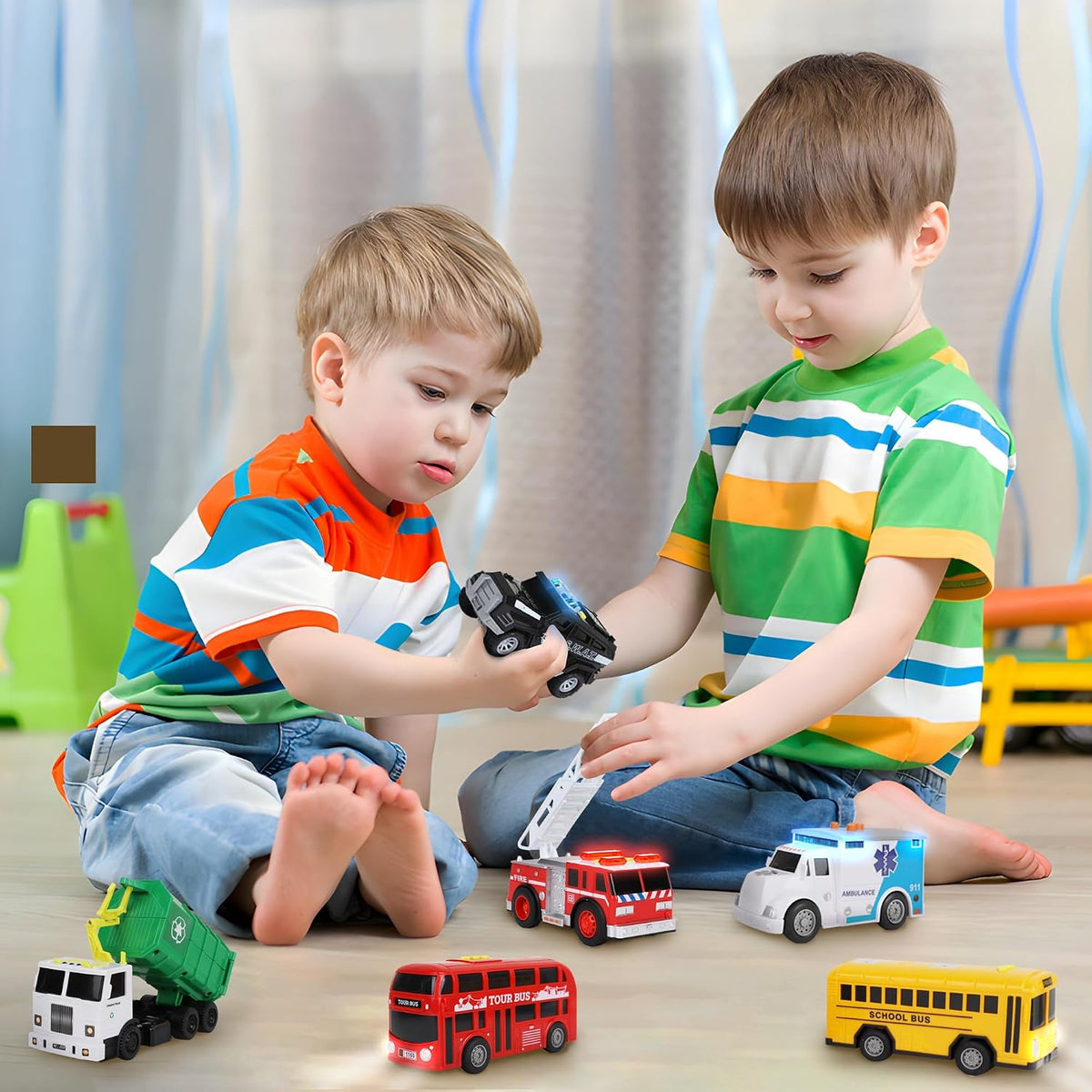 Juego de Coches de Juguete para Niños Pequeñitos - 6 Piezas de Coches de Juguete con Luz y Sonidos, Juego de Vehículos de la Ciudad y de Emergencia, Incluye Coche de Policía, Camión de