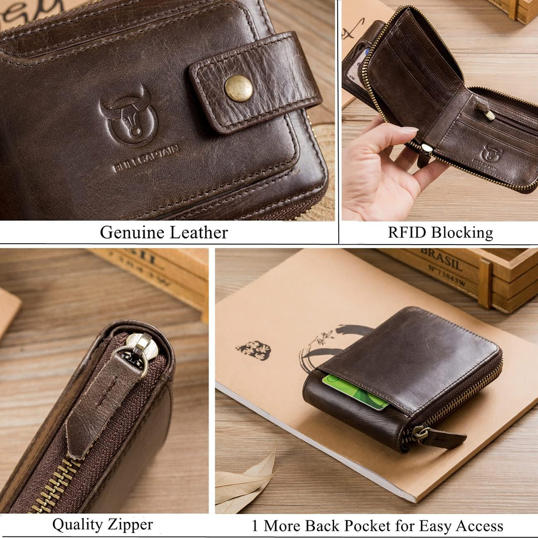 BULLCAPTAIN Cartera RFID de cuero genuino para hombres, de gran cap...