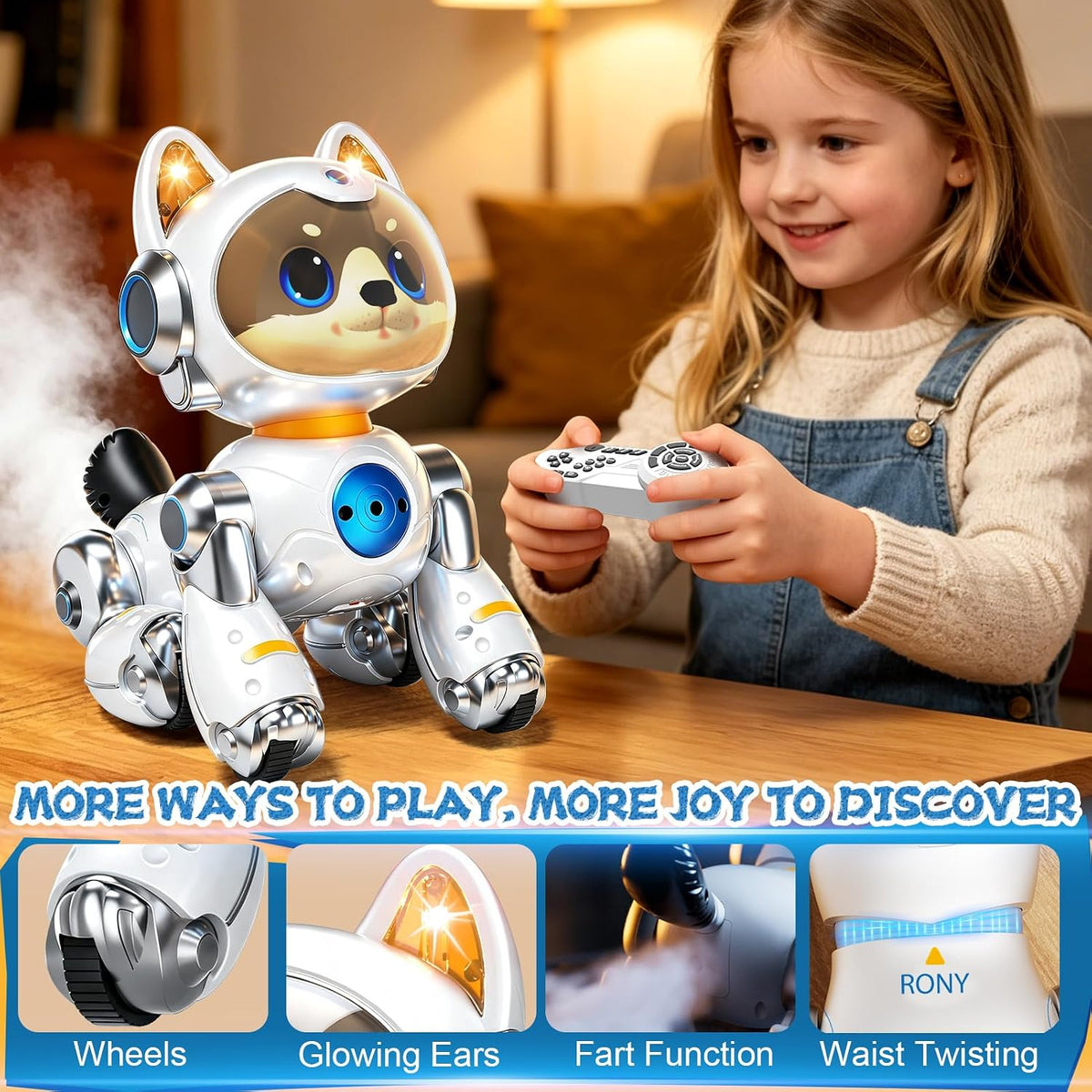 Robot inteligente de juguete para perros, 2.4 GHz, gesto remoto y control táctil, cachorro robótico, efecto de aerosol de baile musical y sonidos de ladridos, mascota electrónica recargable, regalo de