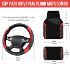 CAR PASS Funda para volante de cuero y alfombrillas de coche impermeables, combo universal de microfibra para coche, diseño deportivo antideslizante seguro y cómodo de 14.5-15 pulgadas para el 95 % de