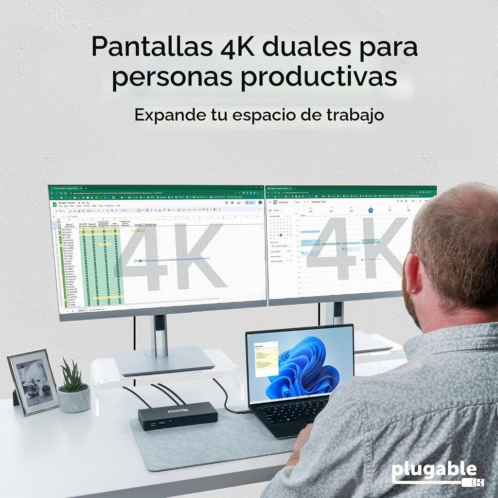 Estación de acoplamiento USB-C enchufable, HDMI dual 4K 60Hz para Windows y