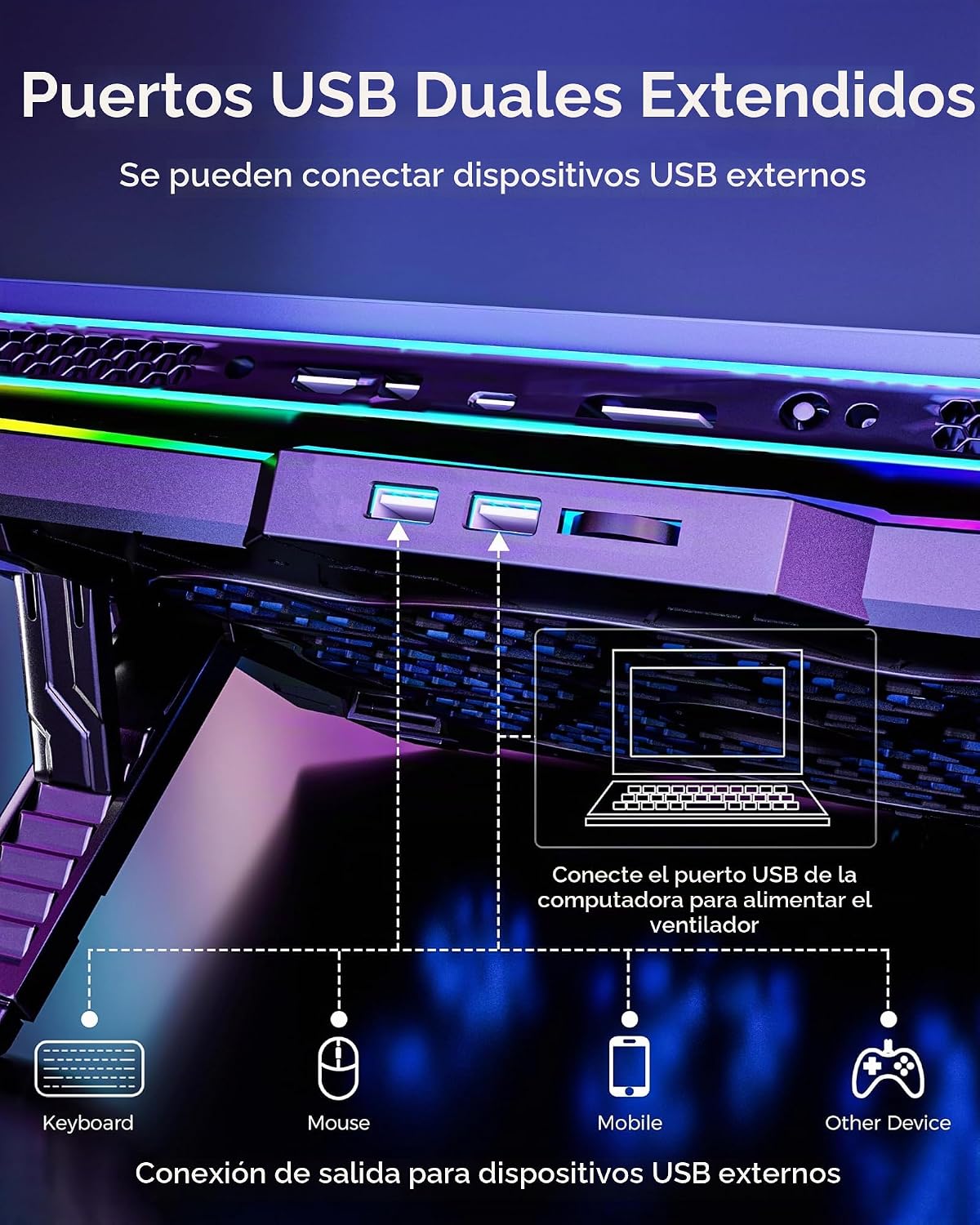 AICHESON Almohadilla de refrigeración para laptop para juegos con 8 ventiladores, soporte de computadora RGB para portátil de 15.6 a 17.3 pulgadas con 7 ranuras de altura, 2 puertos USB, AA3