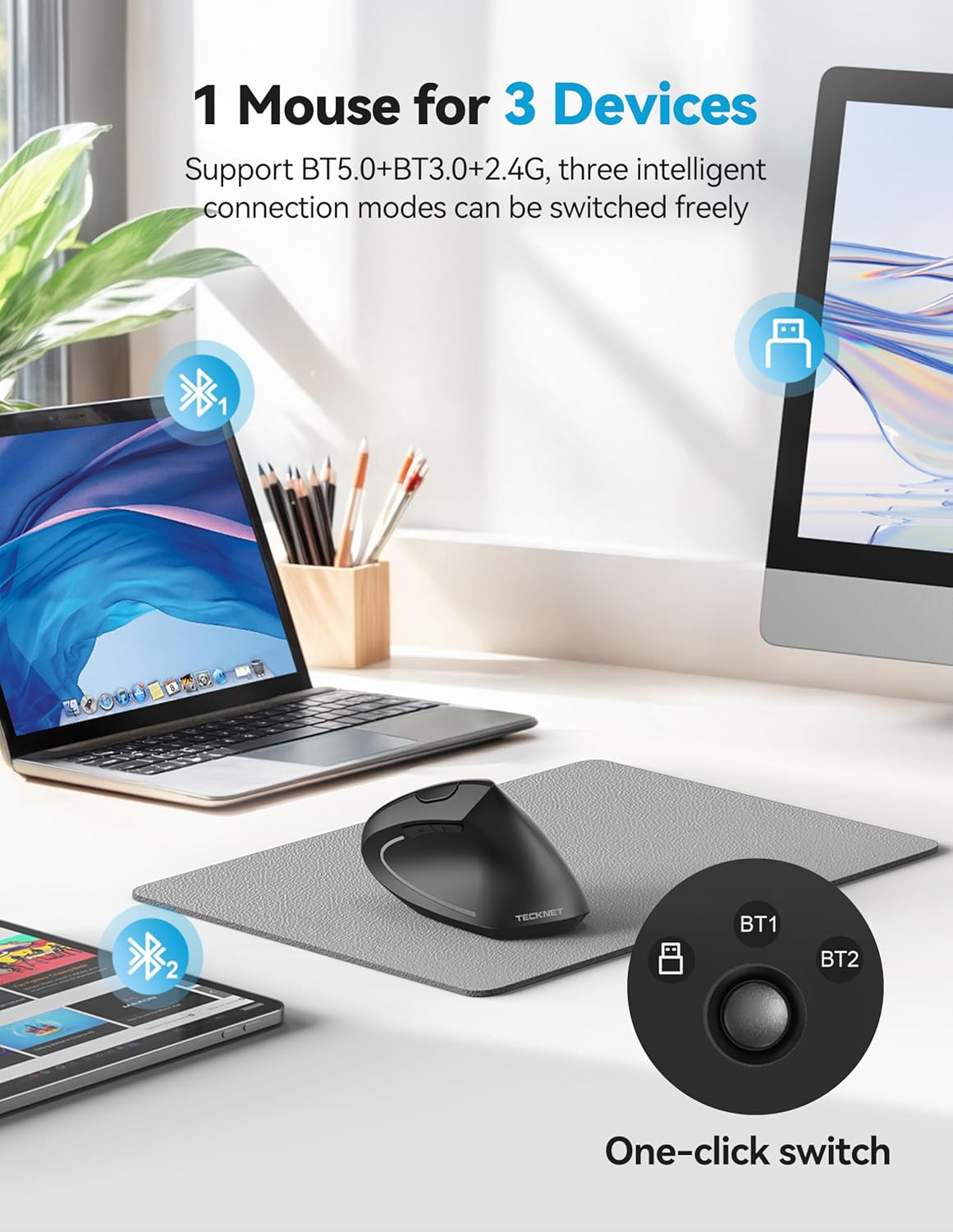 TECKNET Ratón ergonómico con Jiggler, mouse vertical inalámbrico Bl...