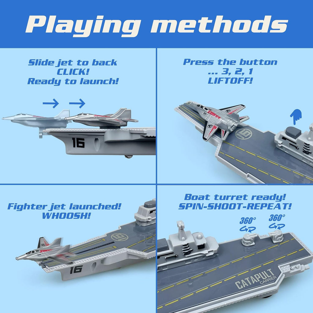 Juego de Juguetes de Portaaviones, Juguetes Militares, Lanza Batalla Naval con 12 Piezas de Soldaditos Verdes, 3 Pequeños Aviones de Juguete, 3 Barcos de Juguete, Juguetes del Ejército para