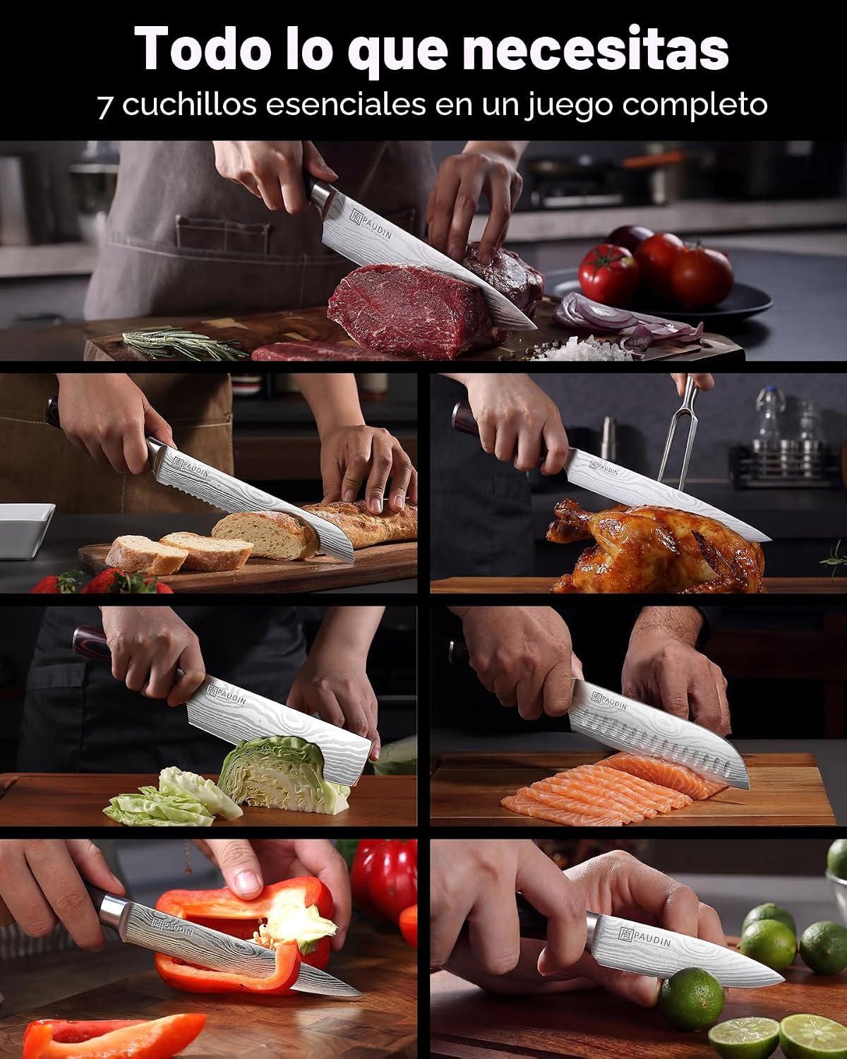 PAUDIN - Juego de cuchillos de chef, 7 piezas de juego de cuchillos de cocina, acero inoxidable de alto carbono, juego de cuchillos ultra afilados, juego de cuchillos profesionales para cocina con
