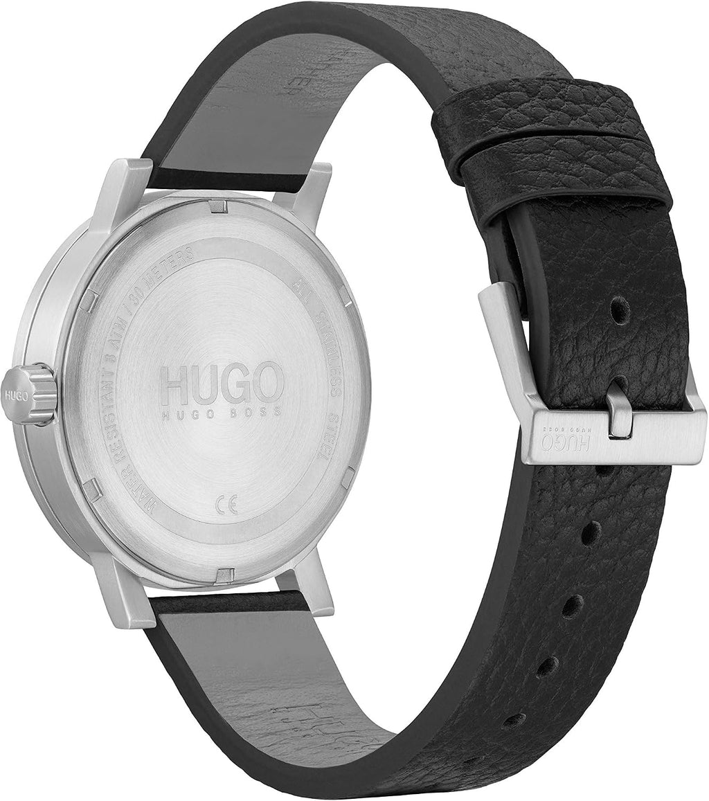HUGO #RASE Reloj de cuarzo para hombre – Esfera negra con caja de acero inoxidable y correa de cuero – Reloj casual y moderno