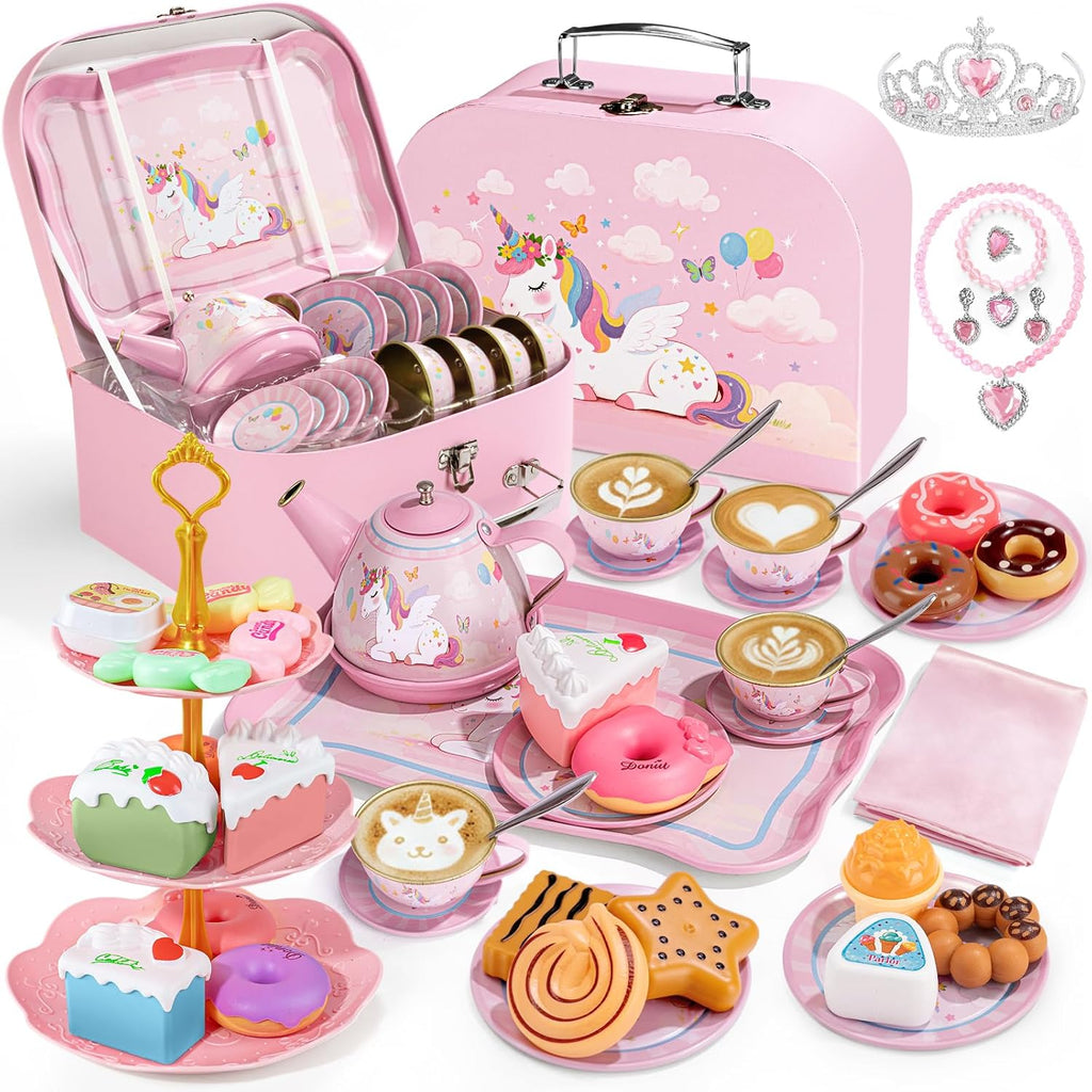iAOVUEBY Juego de fiesta de té para niñas pequeñas, 49 juguetes de princesa para la hora del té, incluyendo estuche de transporte de postre Teaset, juguetes de cocina para niños, regalos de cumpleaños para niñas pequeñas para niños de 3 a 8 años, sueño