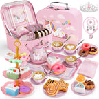 iAOVUEBY Juego de fiesta de té para niñas pequeñas, 49 juguetes de princesa para la hora del té, incluyendo estuche de transporte de postre Teaset, juguetes de cocina para niños, regalos de cumpleaños para niñas pequeñas para niños de 3 a 8 años, sueño