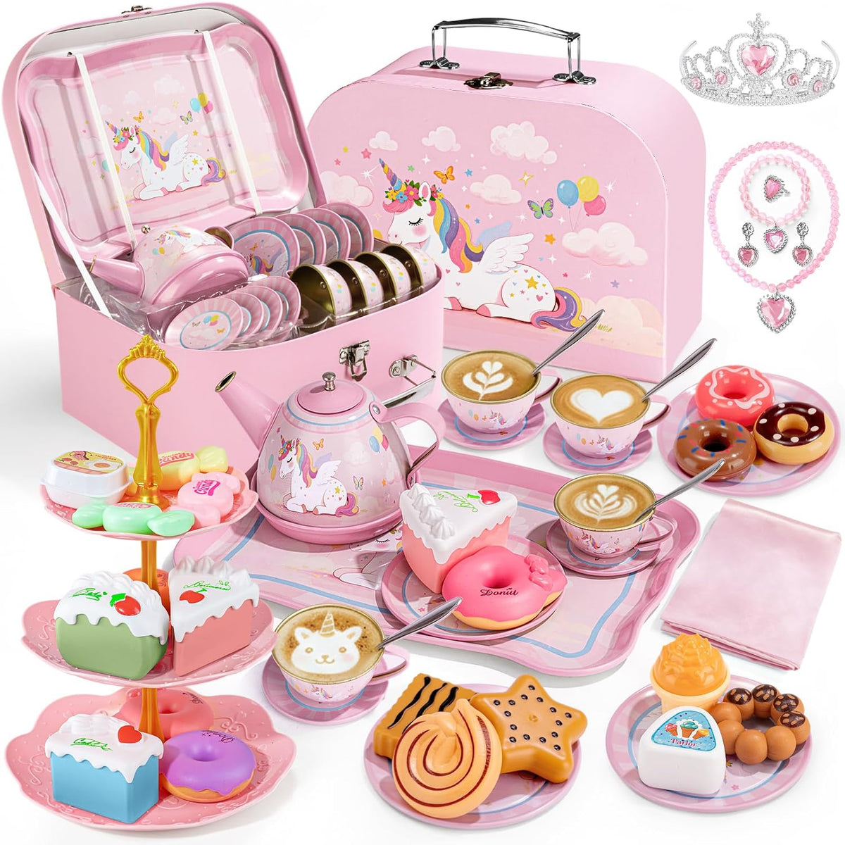 iAOVUEBY Juego de fiesta de té para niñas pequeñas, 49 juguetes de princesa para la hora del té, incluyendo estuche de transporte de postre Teaset, juguetes de cocina para niños, regalos de cumpleaños para niñas pequeñas para niños de 3 a 8 años, sueño