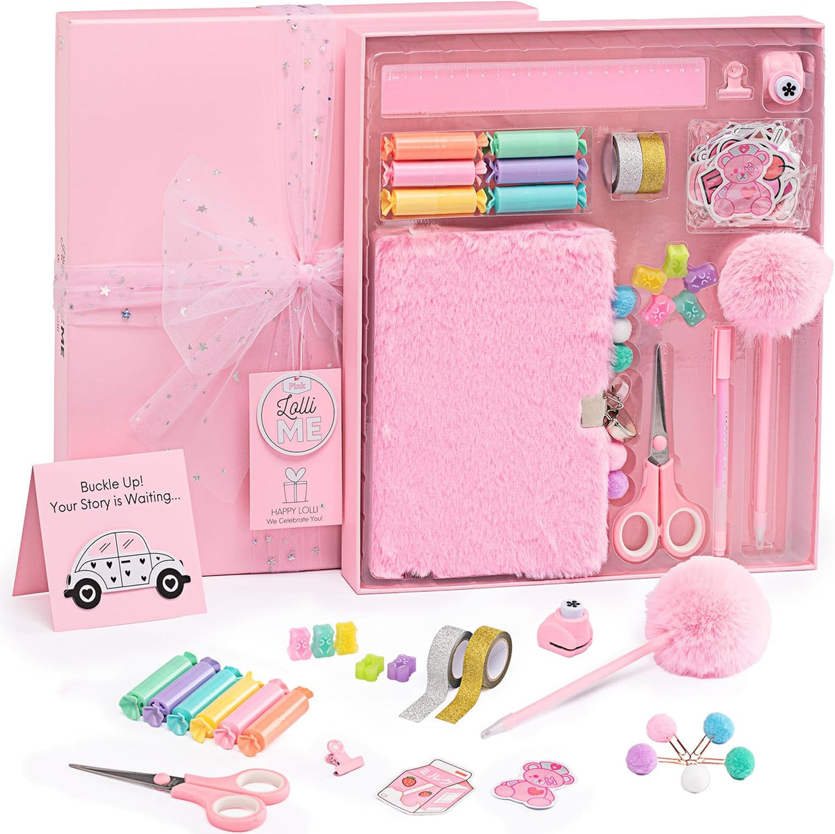 HAPPY LOLLI Pink LolliME - Kit de diario de bricolaje para adolescentes y niñas de 8 a 14 años, regalo de cumpleaños, juego de diario con cerradura de 300 piezas, artes y manualidades, álbum de recortes y diario creativo