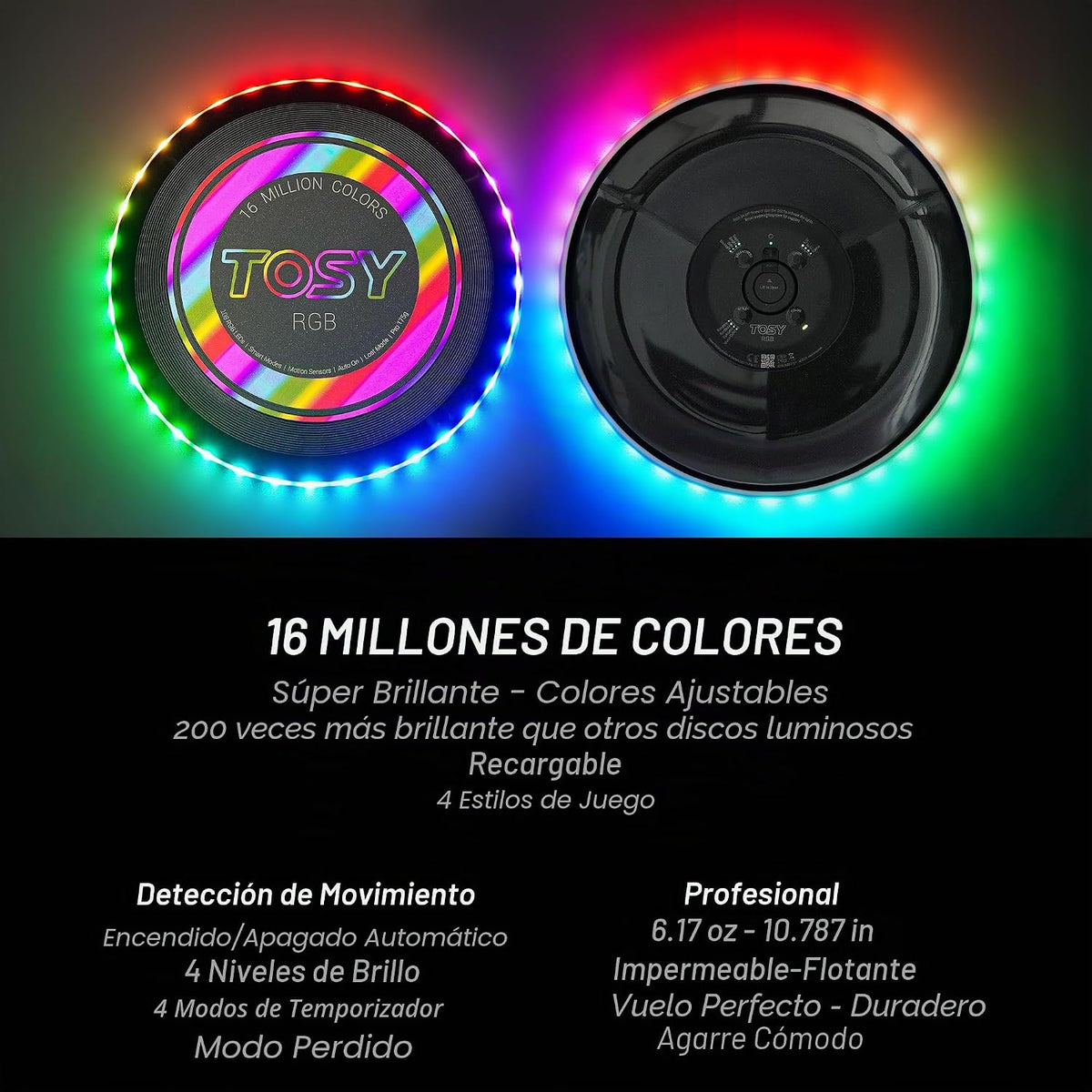 TOSY Flying Disc - 16 Million Colors RGB o 36 LEDs, Extremely Bright, Smart Modes, Camping Essentials para Teens/Kids/Adults/Men/Boys/Girls, Auto Light Up, Rechargeable, Waterproof, 175g