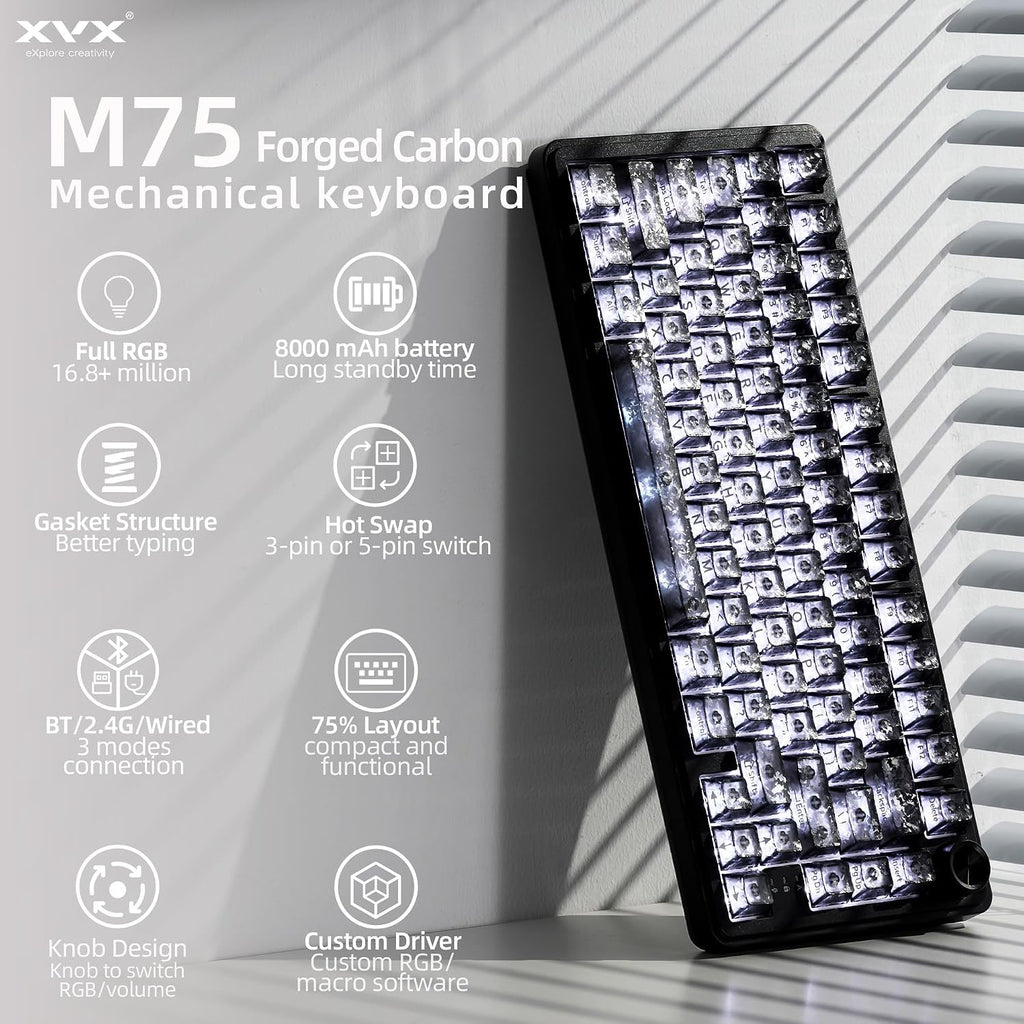 HITIME XVX M75 - Teclado mecánico inalámbrico 75% para juegos, Carbono forjado negro