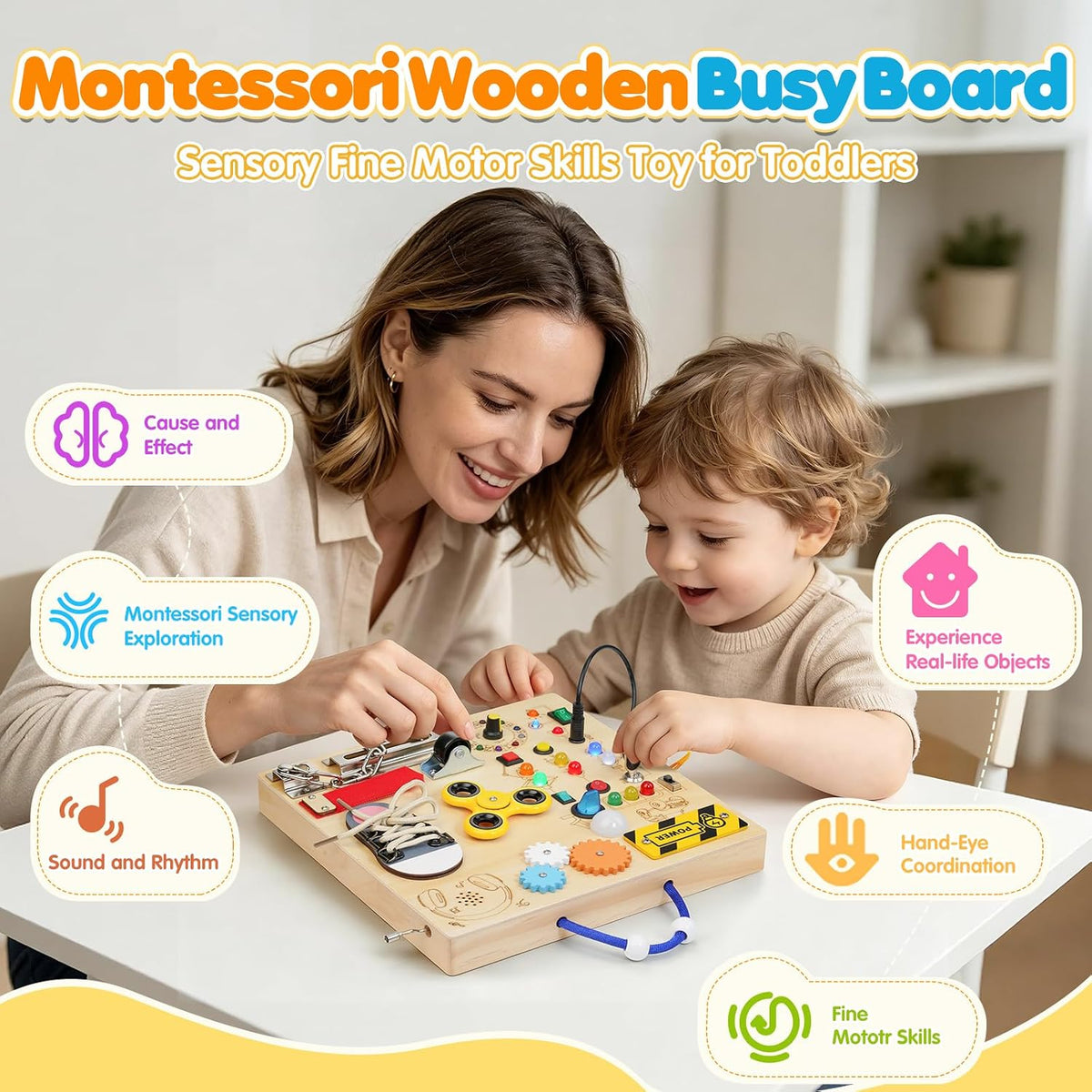 Tablero de actividades para niños pequeños - Juguetes Montessori para niños de 1, 2, 3 años, tablero de actividades sensoriales de madera, juguete de tablero antiestrés con interruptores y cajas de