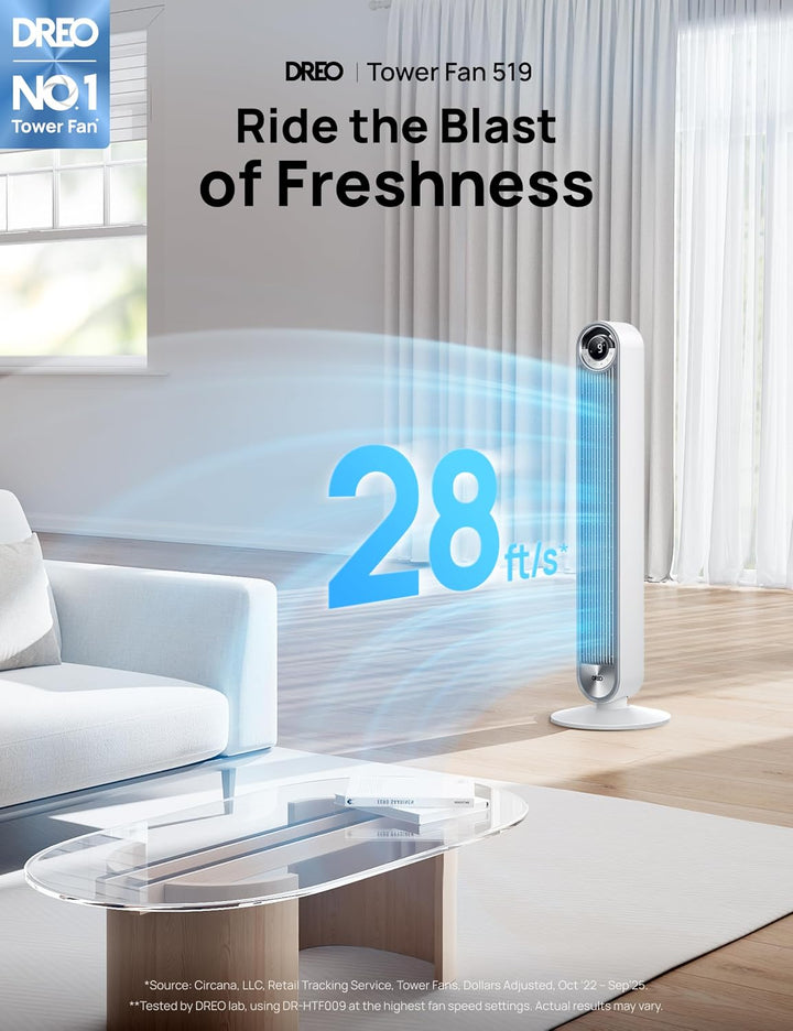 DREO Ventilador de torre para dormitorio, velocidad CC mejorada de...