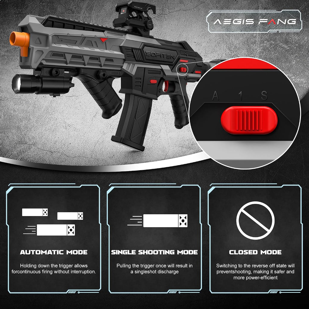 SOFITEN Pistola de juguete automática con alcance ajustable, rifle de francotirador de juguete eléctrico con chaleco, linterna, agarre, juegos de disparo para interiores y exteriores, regalos para