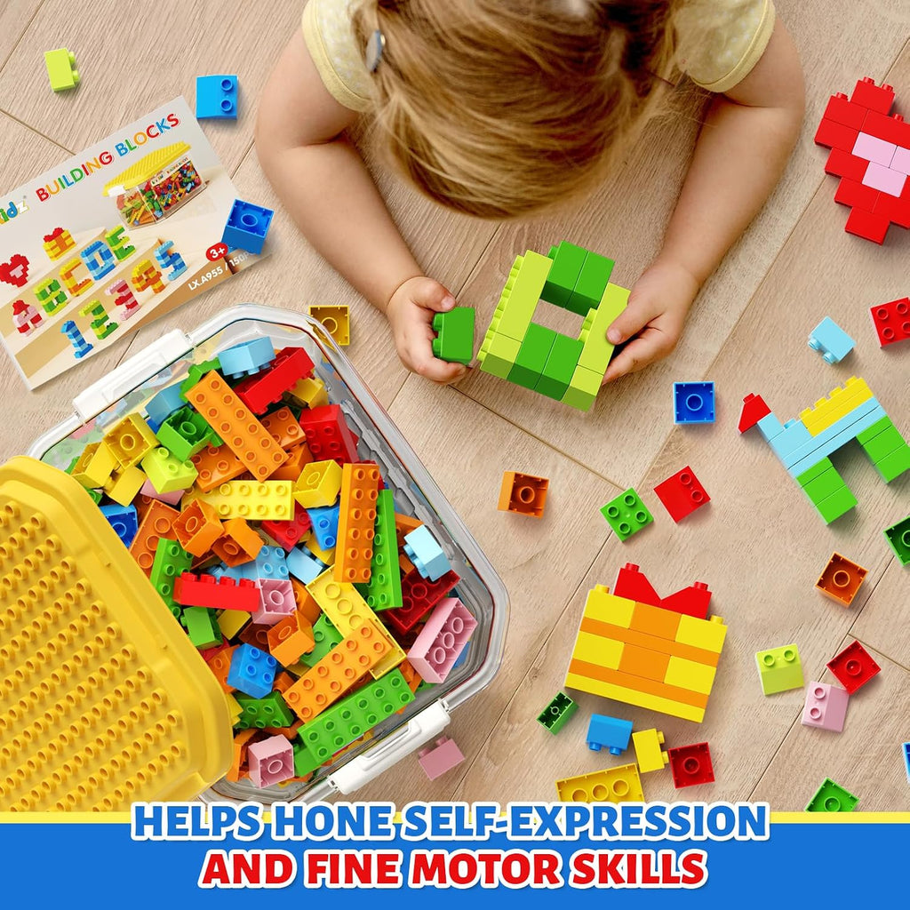 burgkidz Bloques de construcción jumbo de 150 piezas con caja de almacenamiento transparente y tapa de placa base, juguetes educativos STEM para niños pequeños de 3 años en adelante, compatibles con