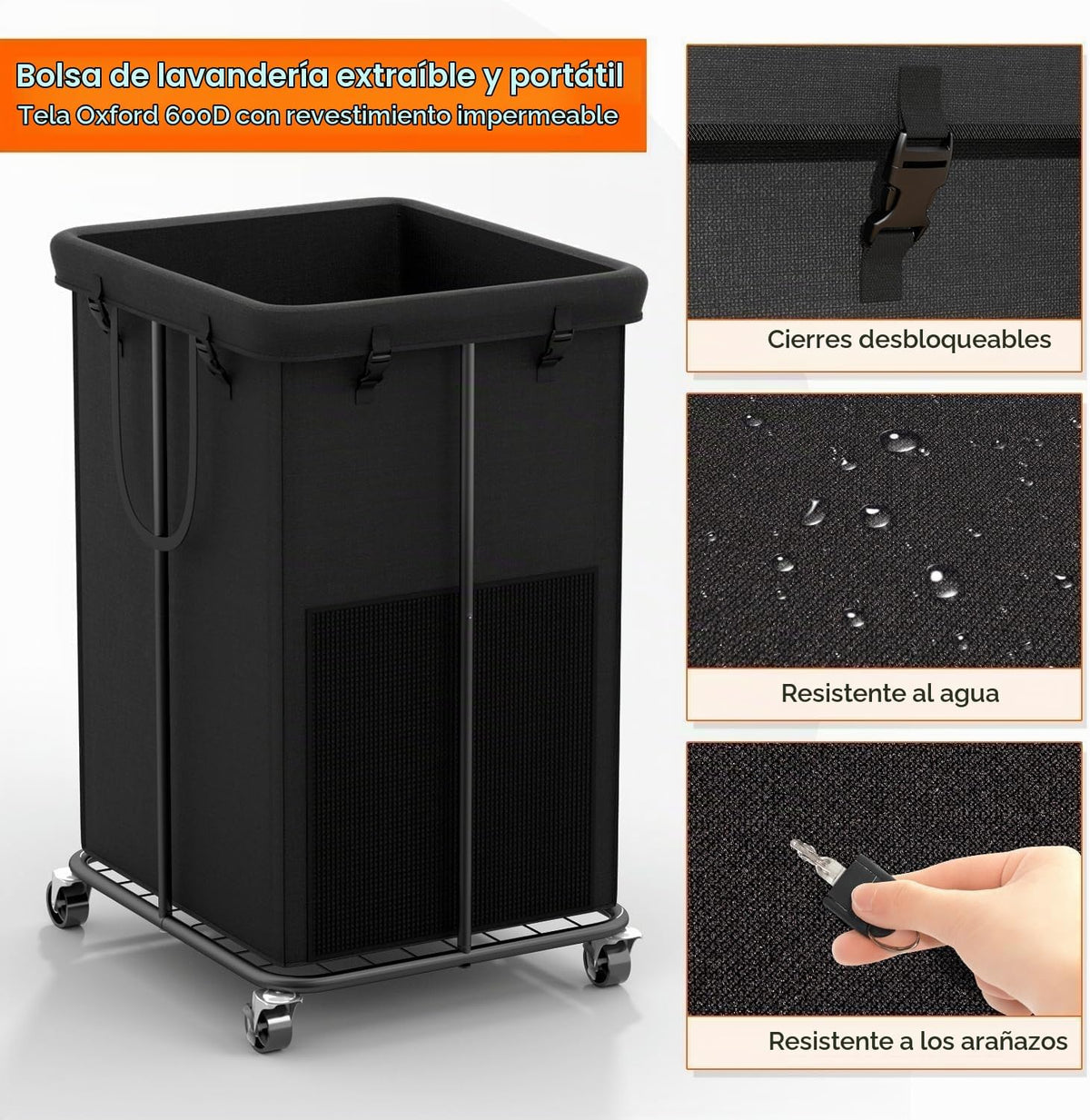 Cesta de lavandería con ruedas, cesta de lavandería enrollable de 150L con