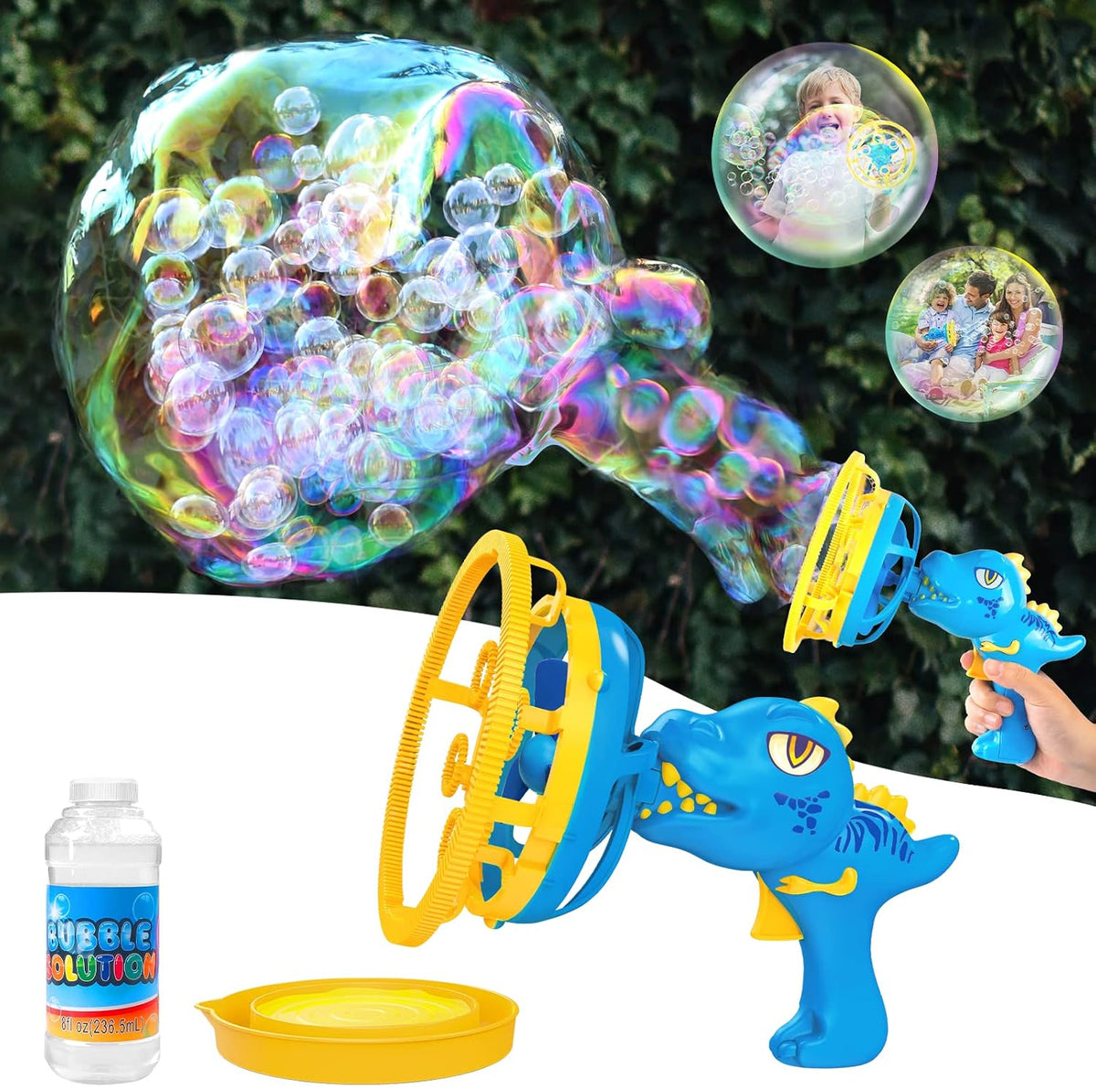 Pistola de burbujas de dinosaurio para niños de 3 a 8 años, juguete