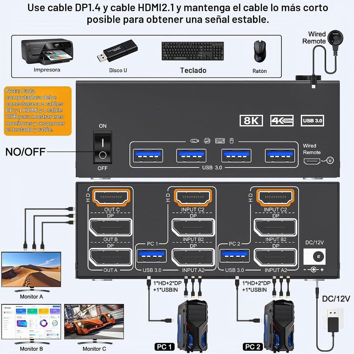 Conmutador KVM HDMI Displayport de 8K a 60Hz, 3 monitores, 2 computadoras, 4K@144Hz, conmutadores KVM de triple monitor con puerto USB 3.0, control remoto con cable, adaptador de corriente y cables
