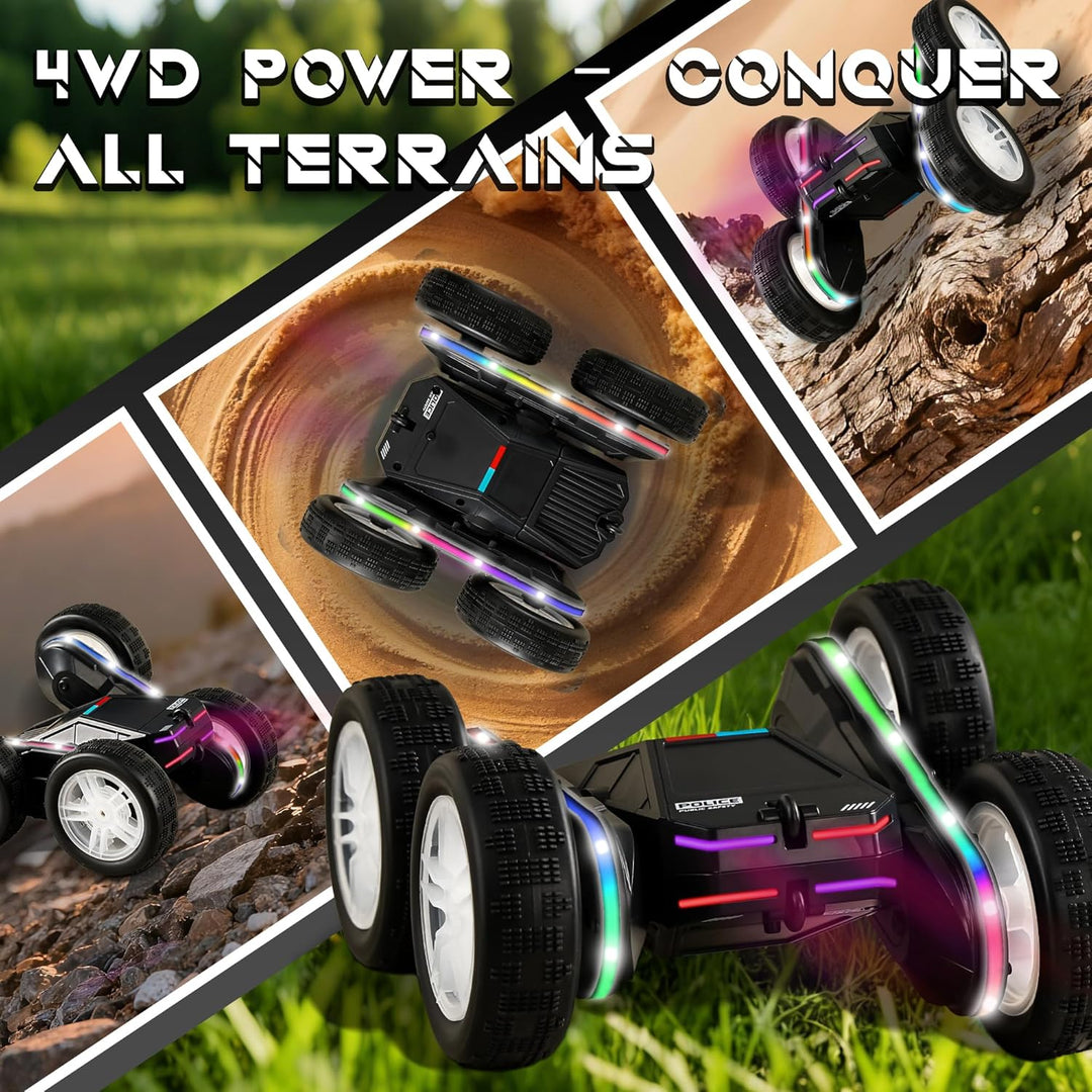 SANGQAOFU Coche de control remoto de policía 4WD 360° Flips RC Stun...
