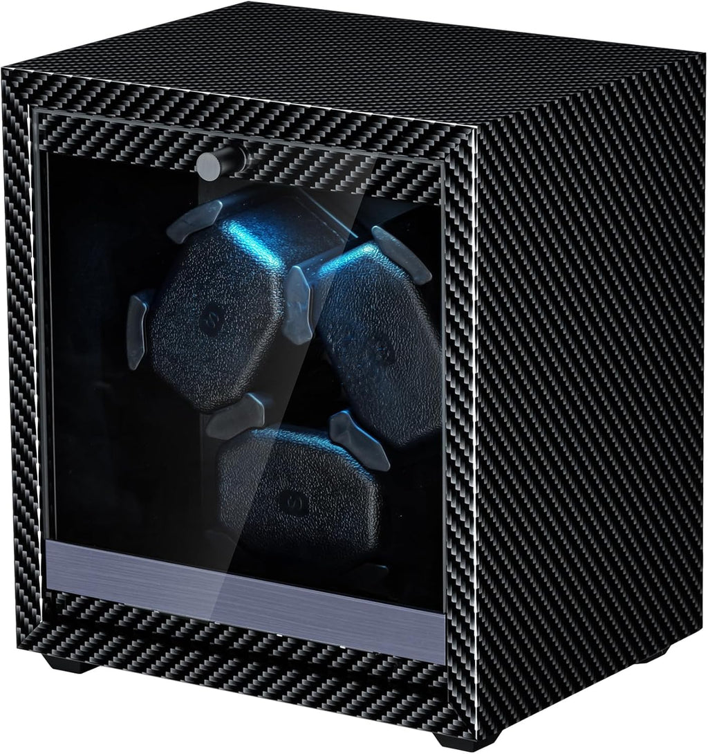 Mcbazel Enrollador de reloj para relojes automáticos, 4 modos de rotación con motor súper silencioso, luz LED azul, almohadas de espuma viscoelástica, regalo para hombres y mujeres [negro]