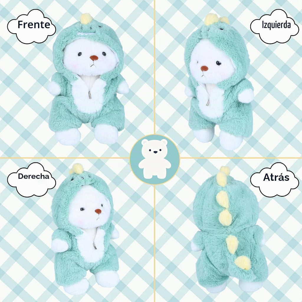 Animal de Peluche Oso Teddy, Juguetes de Peluche Oso Teddy con Capucha Removible Patas Movibles, 13'' Suave Lindo Apoyo Emocional Peluches Rellenos con Ropa de Dinosaurio Regalos para Niñas Niños