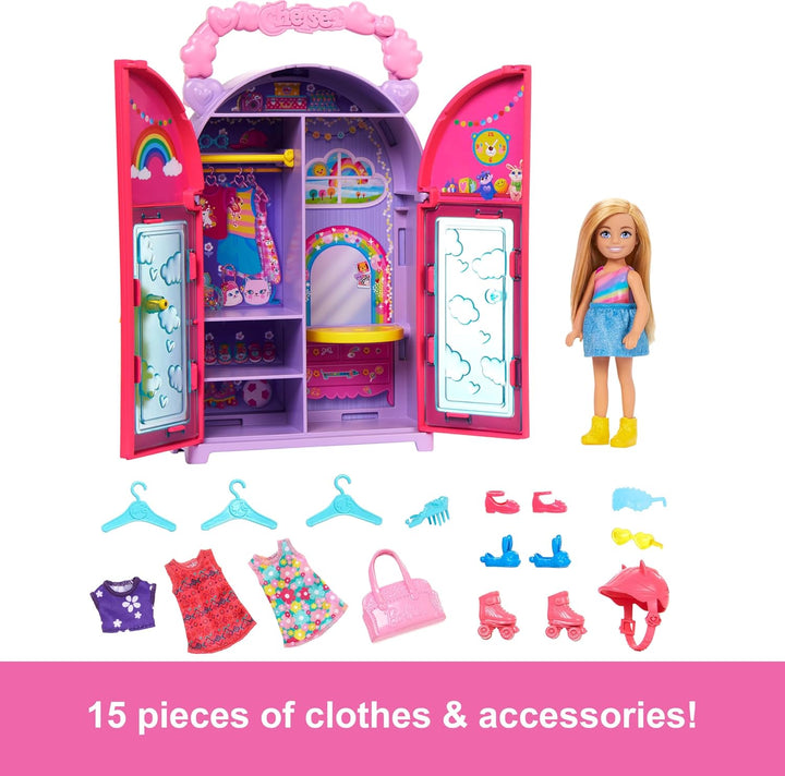 Muñeca Barbie Chelsea y juego de juguetes con armario con 15 piezas...