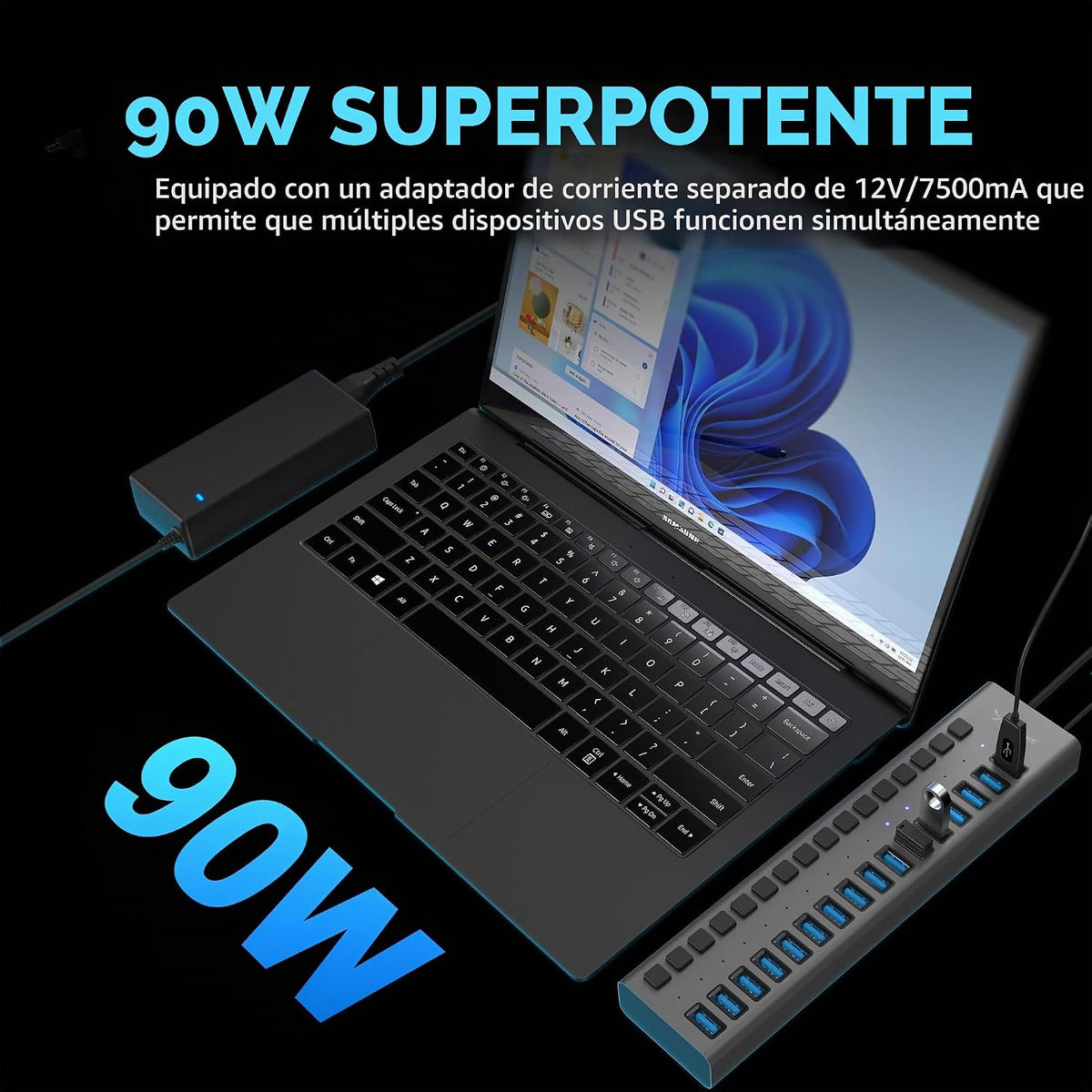 SABRENT, MKI-1200800C8, hub USB 3.0 de 16 puertos, alimentado, adaptador 12V/7.5A