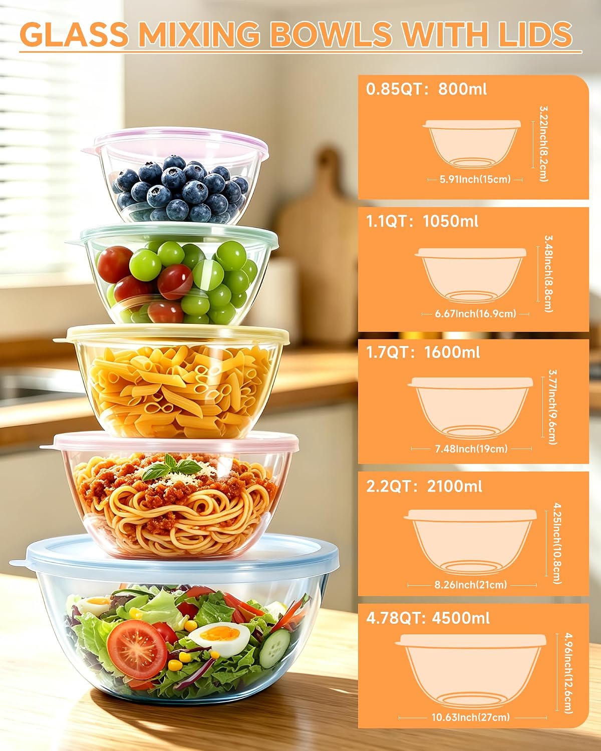 Paquete de 5 tazones de vidrio para mezclar con tapas (4.78 cuartos de