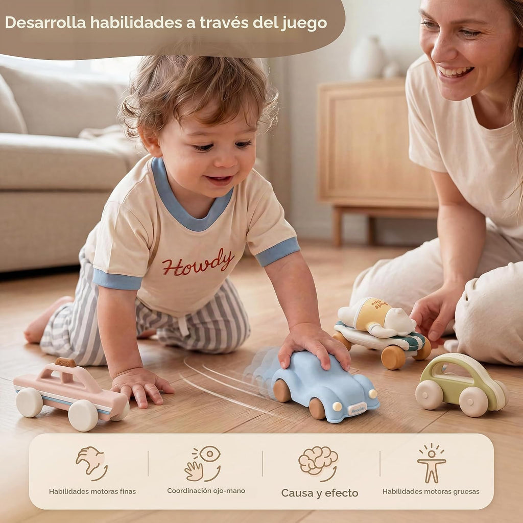 Moonkie - Autos de juguete de silicona de grado alimenticio para bebés y niños pequeños, juguetes para bebés de 6 a 12 meses, juguetes para bebés de diseño hueco, regalos de cumpleaños para niños y