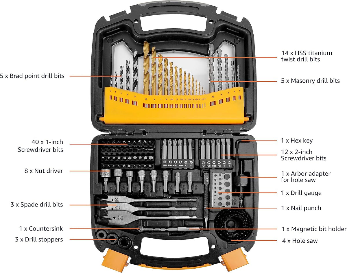 Amazon Basics Drill & Driver - Juego de brocas de acero aleado para metal, madera, plástico, mampostería, con estuche de almacenamiento, 100 piezas