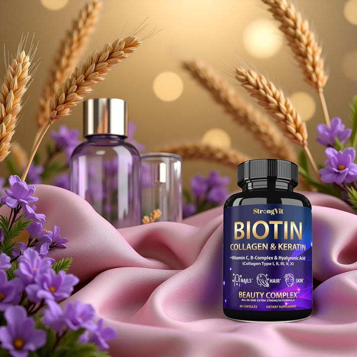Biotina con ácido hialurónico, queratina y suplementos de colágeno...