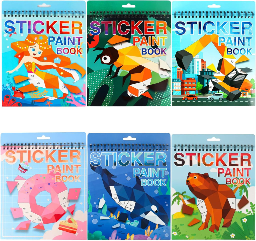 6 PCS Libros de Calcomanías para Pintar por Números para Niños y Niñas de 4-8 Años Animales del Océano Vehículos Postres Sirenas Insectos Calcomanías Artículos para Fiestas Carretera Avión Libro de