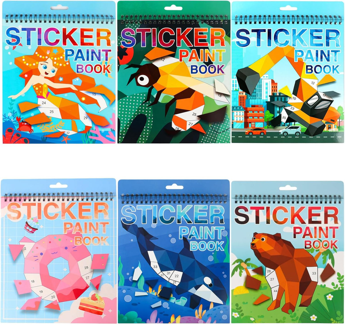 6 PCS Libros de Calcomanías para Pintar por Números para Niños y Niñas de 4-8 Años Animales del Océano Vehículos Postres Sirenas Insectos Calcomanías Artículos para Fiestas Carretera Avión Libro de