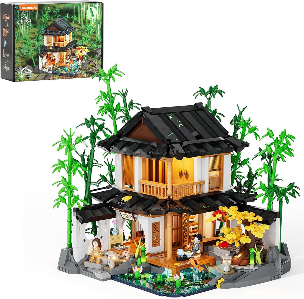 Lumibricks Set de construcción de casa de bambú con iluminación - Colección de cabaña china retro y casa en el árbol con luz LED, 2432 piezas para adultos y coleccionistas de casas retro
