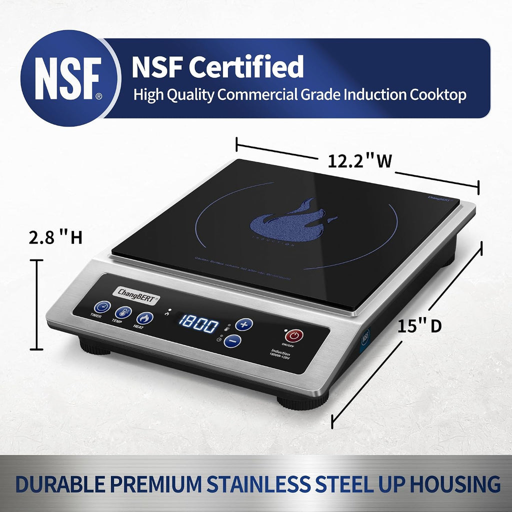 ChangBERT Estufa de Inducción, Cocina Portátil de Grado Comercial, Bobina de Calentamiento Grande de 8”, Quemador de Encimera de Acero Inoxidable Premium con Certificación NSF, Temporizador de 10 Horas Placa Caliente Profesional de 1800W