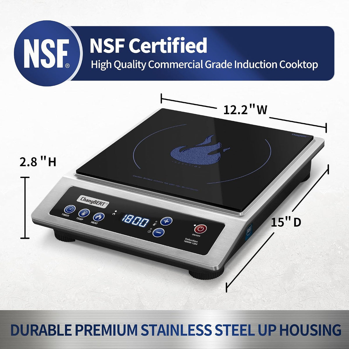ChangBERT Estufa de Inducción, Cocina Portátil de Grado Comercial, Bobina de Calentamiento Grande de 8”, Quemador de Encimera de Acero Inoxidable Premium con Certificación NSF, Temporizador de 10 Horas Placa Caliente Profesional de 1800W