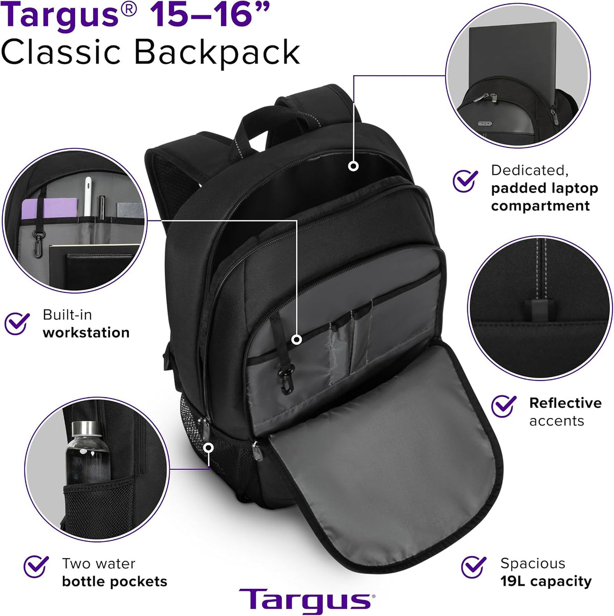 Targus Mochila clásica para laptop de 15 a 16 pulgadas, se adapta a la mayoría de portátiles de hasta 16 pulgadas, mochila de viaje acolchada para viajeros de negocios, universidad y viajes (TBB943GL)