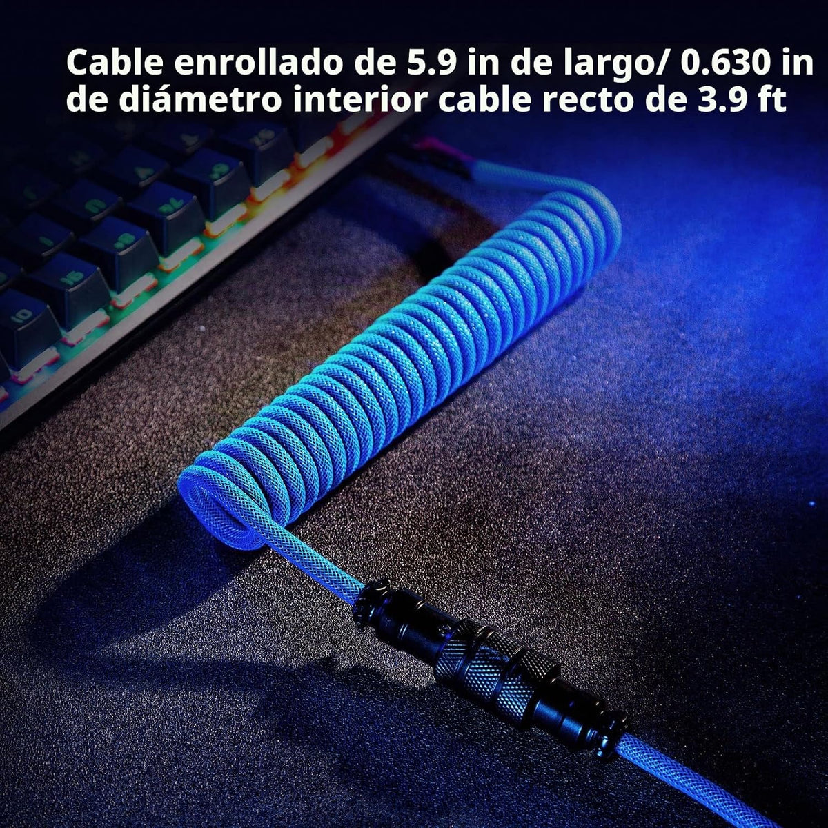 Pro Cable USB C en Espiral Personalizado para Teclado de Juegos, Cable de Teclado Mecánico de Doble Funda con Aviador Metálico Desmontable, 1.5M USB-C a USB-A, Color Azul