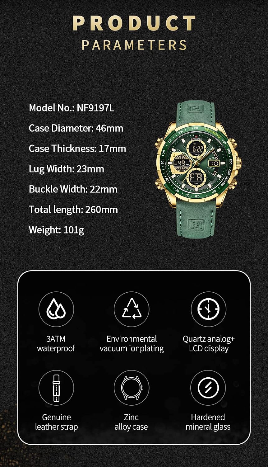 NAVIFORCE Relojes militares digitales para hombre, reloj analógico de cuarzo, resistente al agua, deportivo, multifuncional, correa de cuero, reloj de pulsera