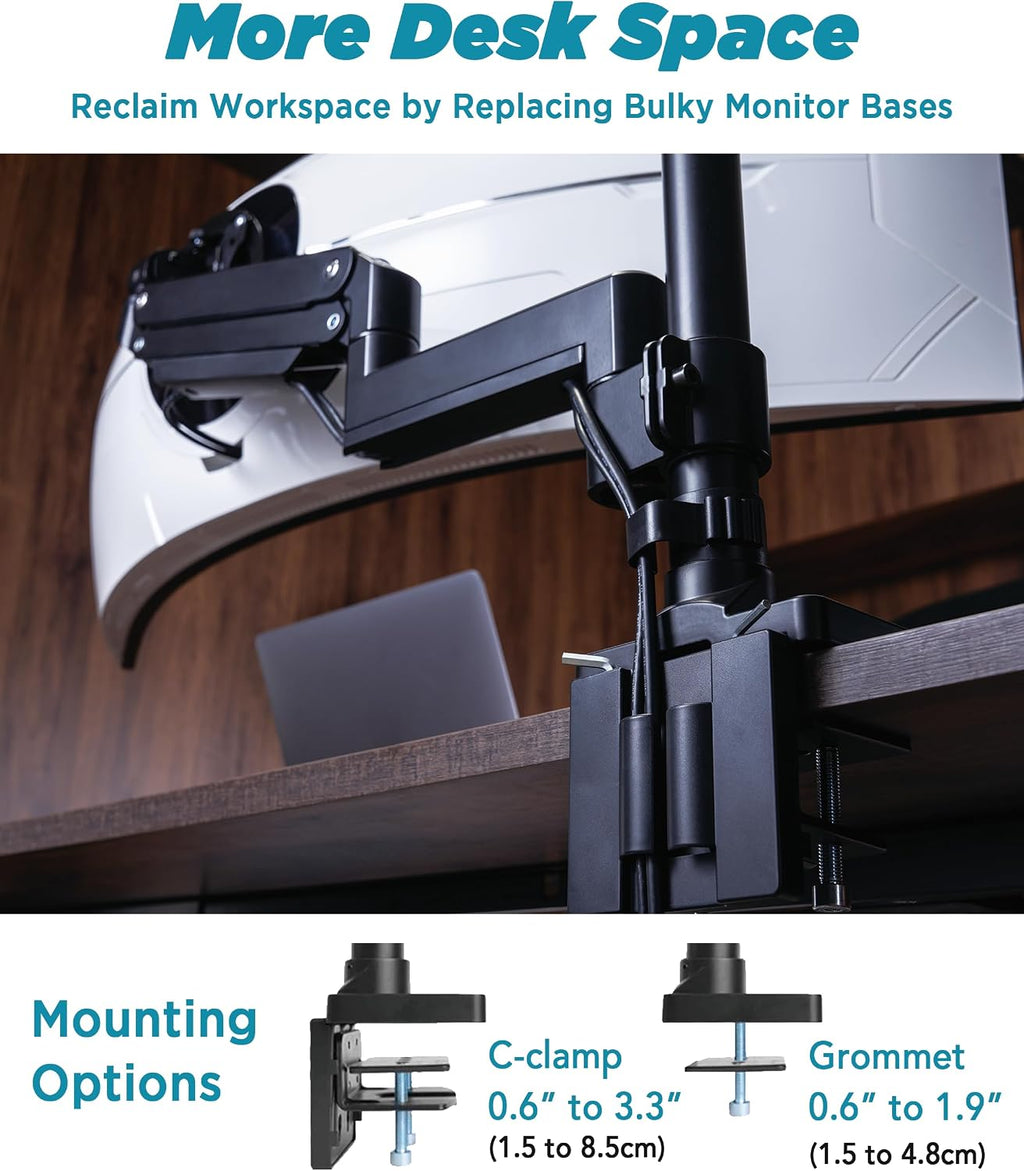ULTRARM Brazo de monitor de servicio pesado para monitores ultraanchos de hasta 57" y 44 libras, soporte de escritorio individual, altura ajustable neumática, brazos de extensión modulares - VESA