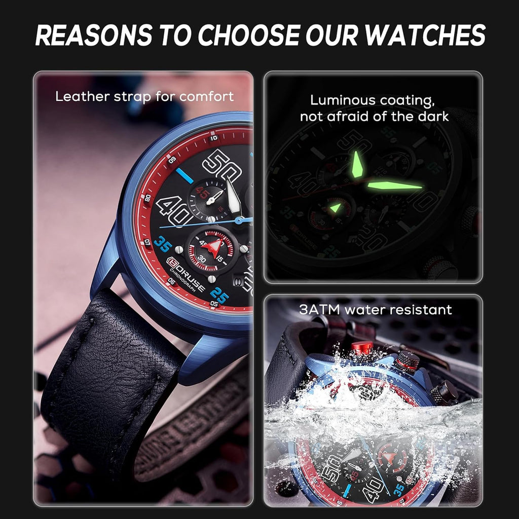 Relojes de negocios para hombre, cronógrafo negro, reloj de cuarzo de cara grande, impermeable, calendario luminoso, reloj analógico para correa de cuero