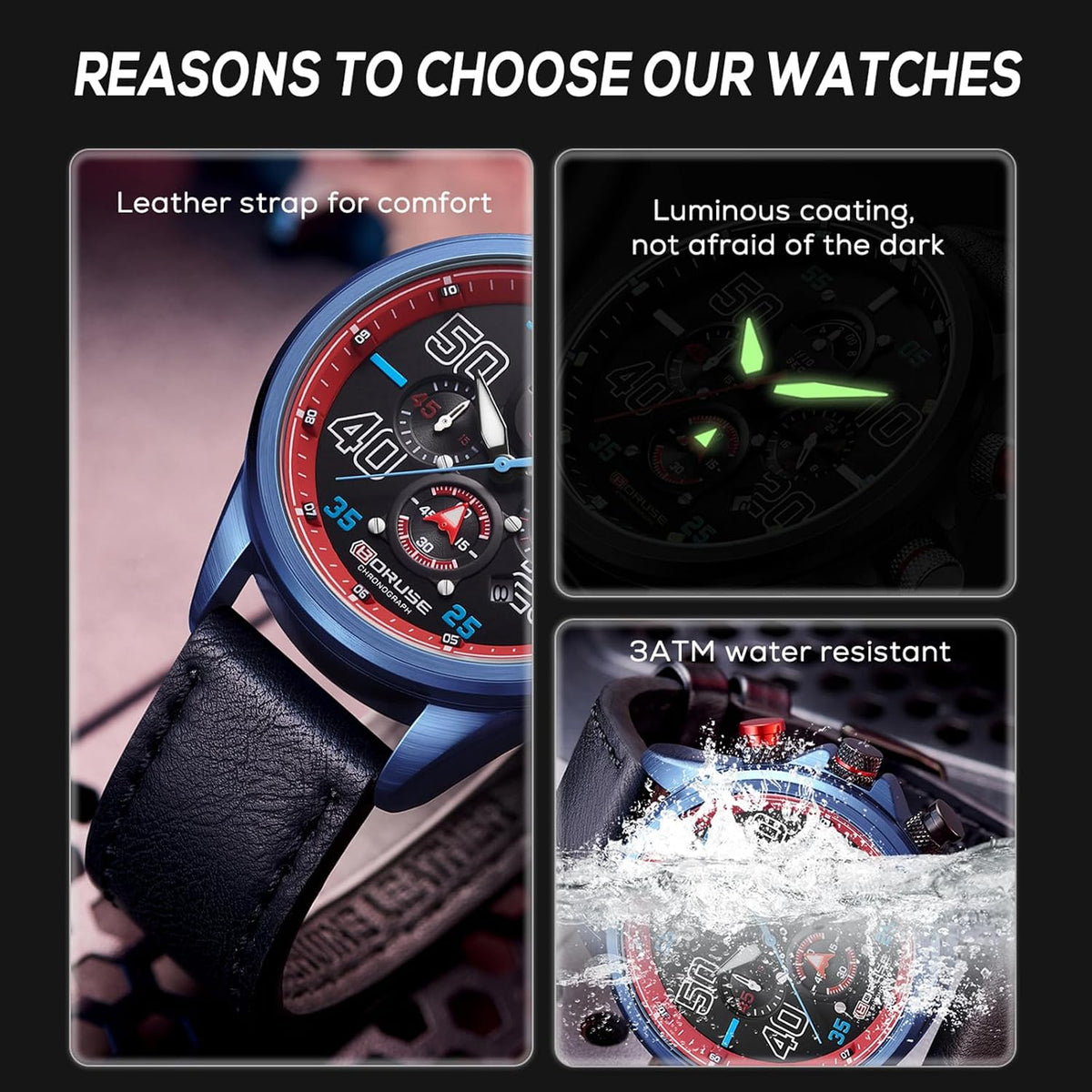 Relojes de negocios para hombre, cronógrafo negro, reloj de cuarzo de cara grande, impermeable, calendario luminoso, reloj analógico para correa de cuero