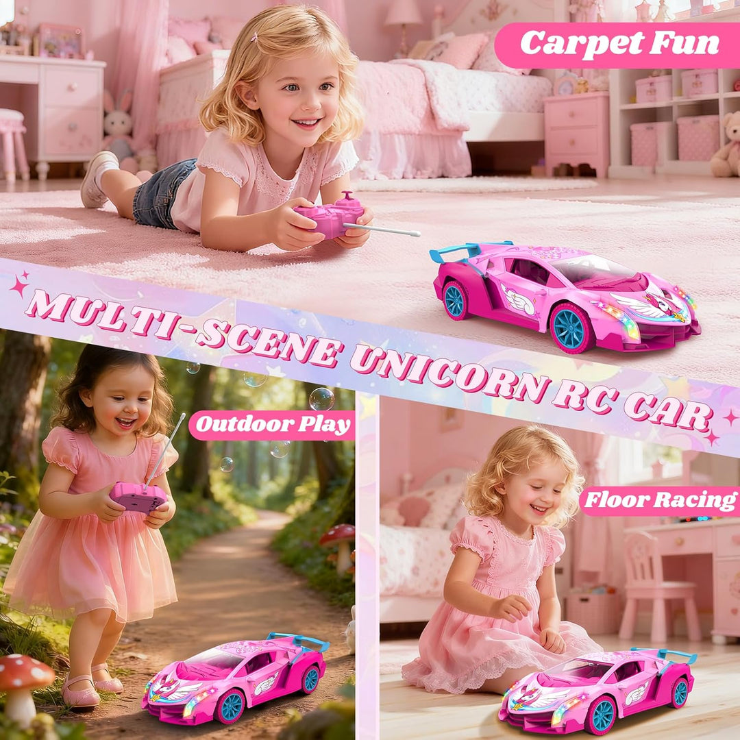 Auto RC de unicornio para niñas, auto de control remoto Rainbow Glo...