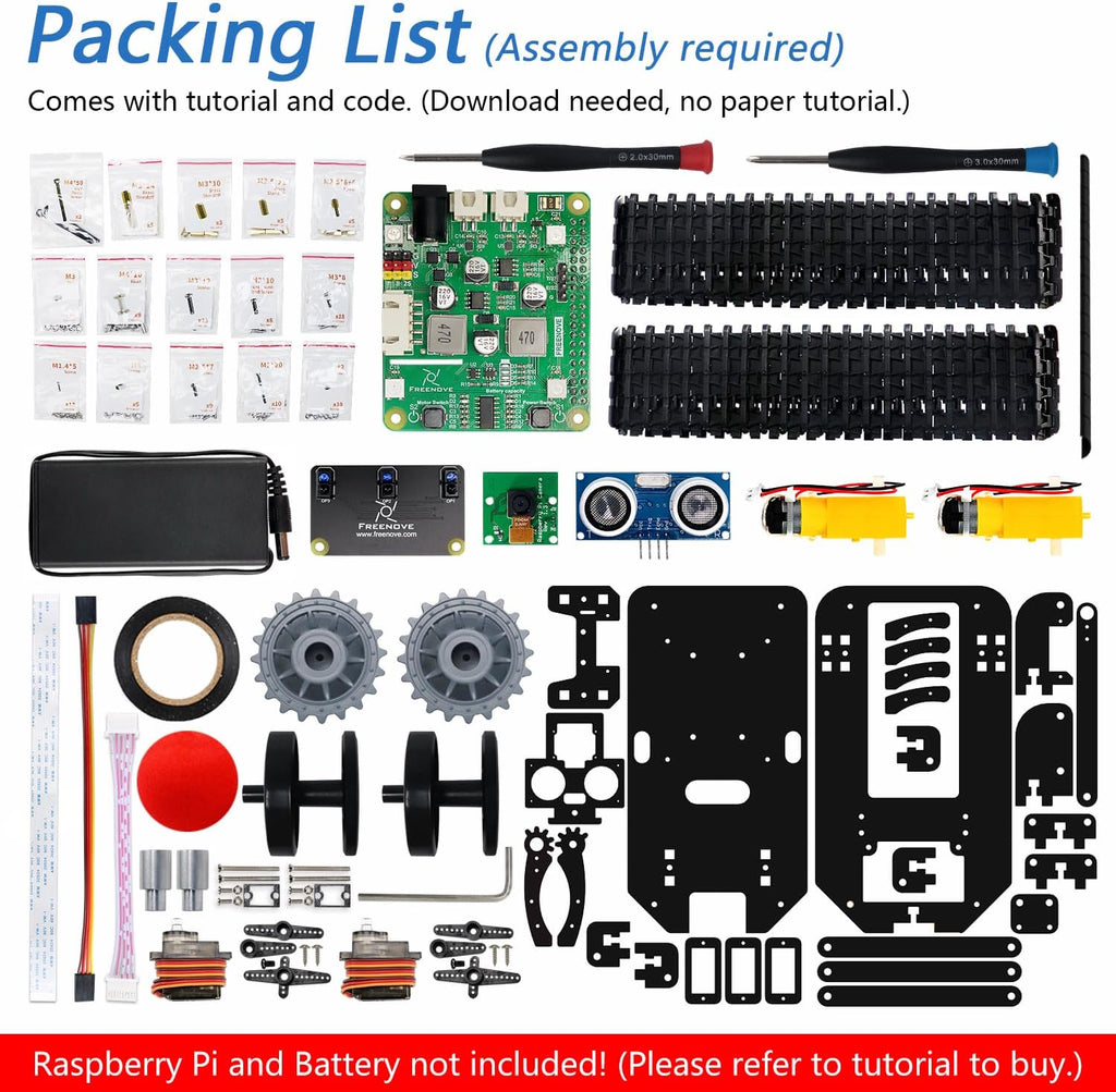 Freenove Kit de robot tanque para Raspberry Pi 5 4 B 3 B+ Zero 2 W, chasis de orugas, objetos de agarre, trazado de bolas, seguimiento de línea, prevención de obstáculos, control de aplicaciones, cámara, servo (frambuesa Pi no incluida)