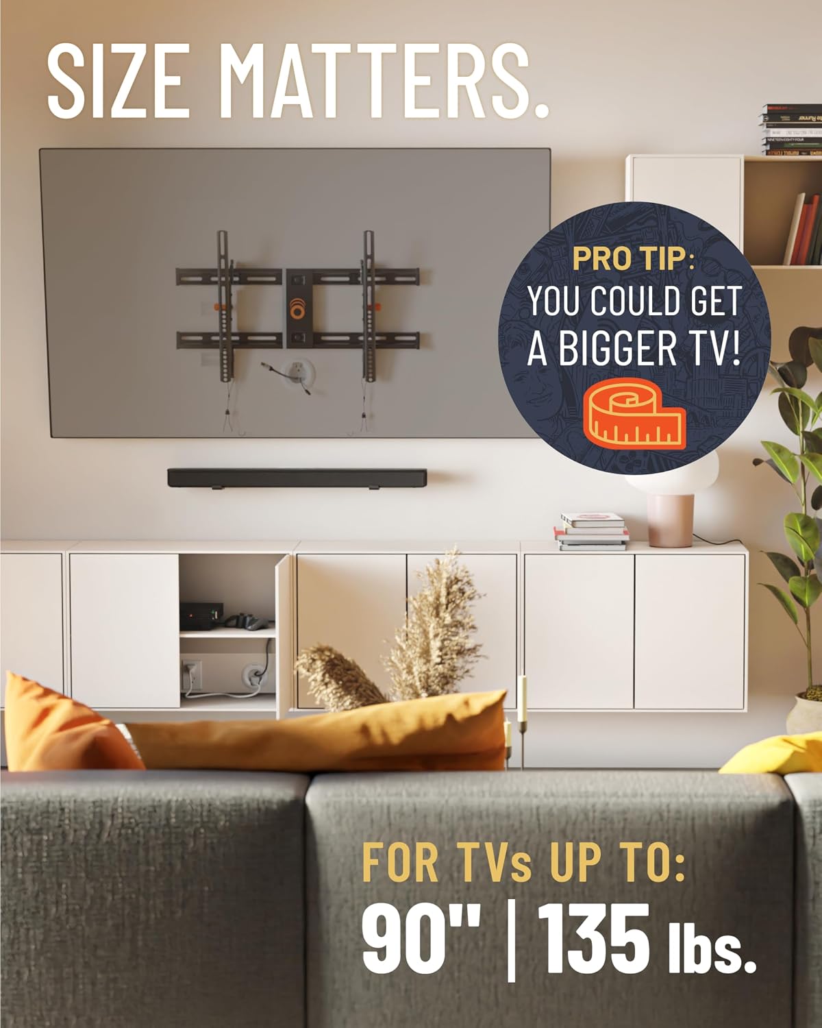 ECHOGEAR Soporte de TV de montaje en pared para televisores de hasta 90 pulgadas, diseño de perfil bajo que se inclina para eliminar el deslumbramiento, incluye plantilla de perforación y se puede