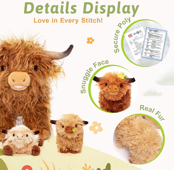 OUOZZZ - Juego de animales de peluche de vaca Highland, 14.5 pulgad...