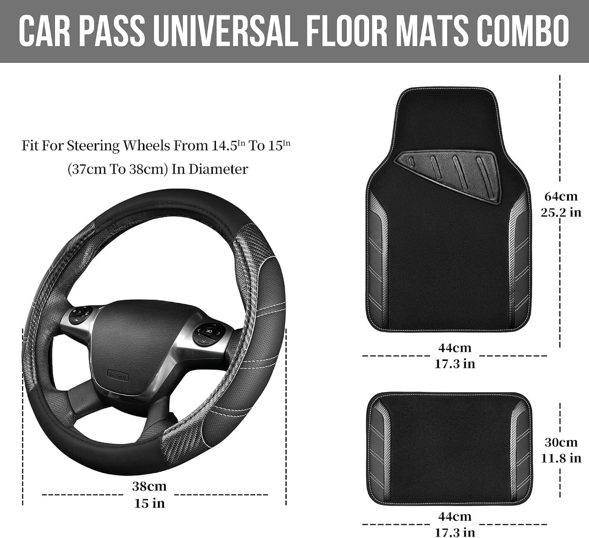 CAR PASS Funda de cuero para volante y alfombrillas impermeables para automóvil, combo universal de microfibra para autos que se adapta al 95 % de sedanes, SUV, vehículos, 14.5-15 pulgadas, diseño