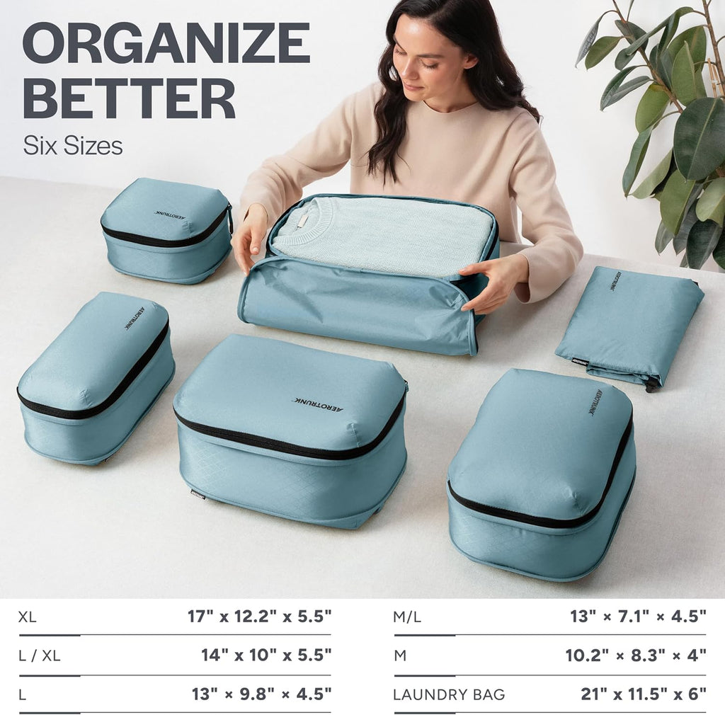 Cubos de embalaje de compresión ultraligeros - Organizadores de viaje ligeros para maletas y equipaje, Verde azulado, Paquete de 6